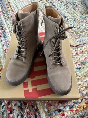 FitFlop Women's Taupe Suede Lace-Up Combat Boots